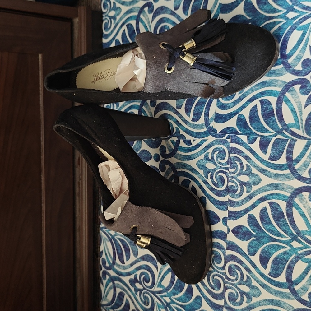 LELA ROSE Tassel/Kiltie Frnge BLACK/GRAY/BLUE Faux SUEDE Platform/Heel 11 US
